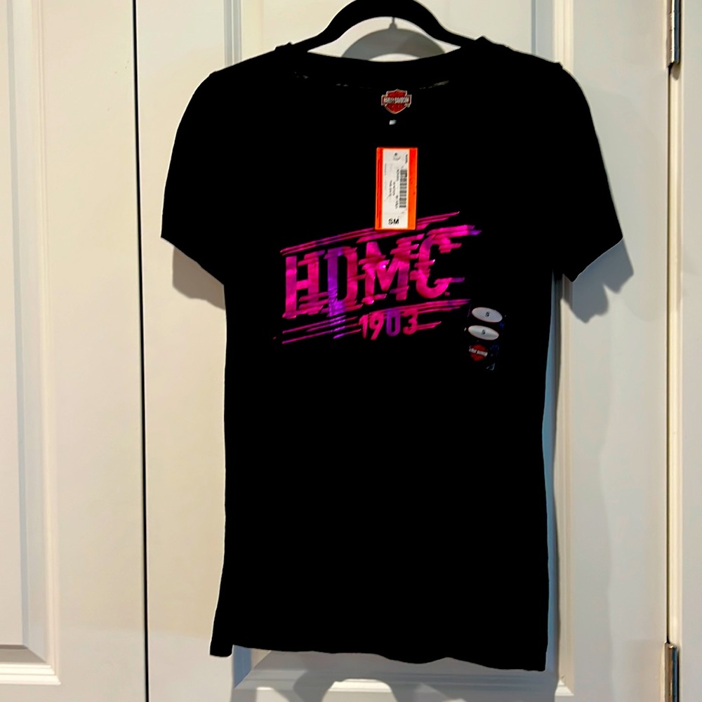Black Harley Davidson T-shirt with Pink Neon lettering